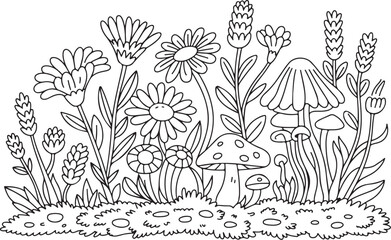 Bold Toadstool Mushroom Cluster in Black Silhouette Style with Simple Line Shapes