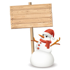 3D cute snowman holding blank whitewashed wooden signboard post isolated with white background graphic illustration.