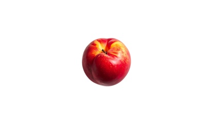 A single, ripe nectarine, predominantly red with subtle yellow-orange blush on its upper half, sits against a pure black background, showcasing its smooth skin and subtle details