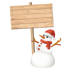 3D cute snowman holding blank whitewashed wooden signboard post isolated