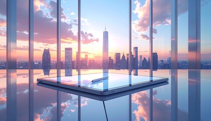 A tablet sits in a sunlit, glass-walled office overlooking a sprawling cityscape, with the setting sun reflecting off the smooth surfaces