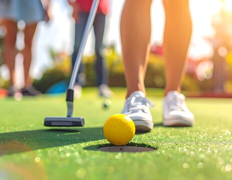 Miniature golf; yellow ball near hole - Powered by Adobe