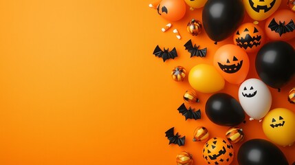 Halloween vector illustration on orange background right side cluster of ghost balloons bat balloons and candy corn flat cut out style left side blank clean space for text or logos minimal festive lay