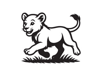 Obraz premium Vector of playful lion cub runs happily through a grassy field. This lively vector captures the energetic and endearing spirit of the young king of the jungle.