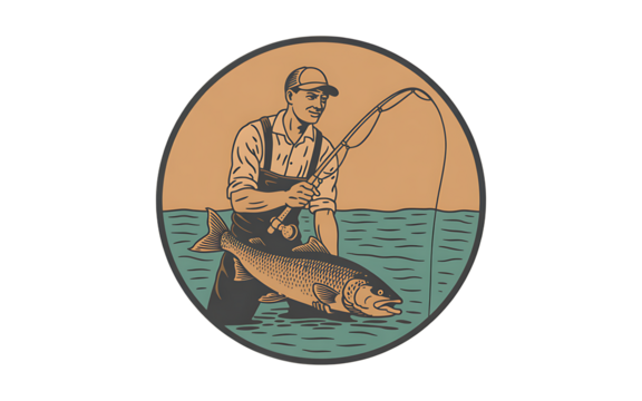 Fisherman with fish isolated isolated on transparent background