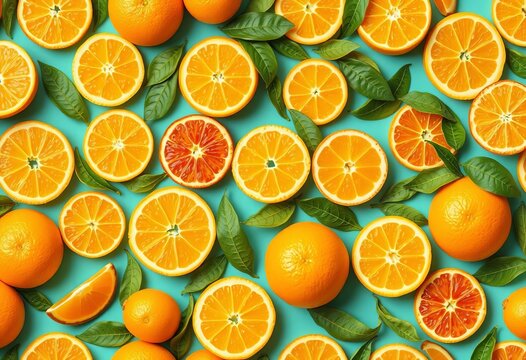 Vibrant seamless pattern of ripe orange slices and whole oranges, orange, citrus fruit