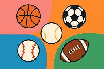 A background of various sports balls with different colored quadrants