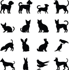Vector art of collection of animal silhouettes featuring dogs, cats, rabbits, and birds in various poses, creating a versatile set for design projects and creative applications