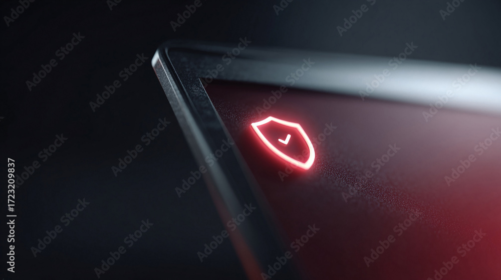 Poster modern digital security concept glowing shield icon with checkmark on dark device. represents protec