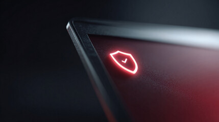 Modern digital security concept glowing shield icon with checkmark on dark device. Represents protection, safety, authentication. Ideal for tech, cybersecurity, IT.