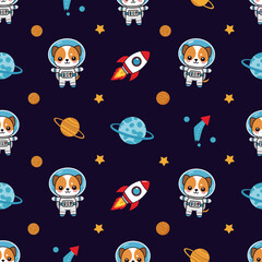 Cute cartoon astronaut dogs rockets and planets in space Perfect for kids textiles or backgrounds