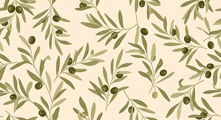 Naklejka premium Seamless Pattern of Olive Branches with Olives on a Light Beige Background.