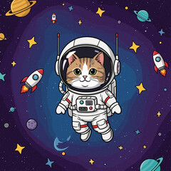 Cute cat astronaut floating in cosmic space surrounded by planets stars and rockets Adventure dreams