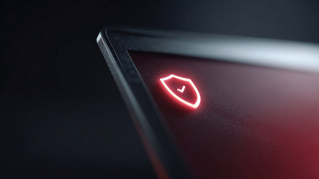 Modern digital security concept glowing shield icon with checkmark on dark device. Represents protection, safety, authentication. Ideal for tech, cybersecurity, IT. - Powered by Adobe