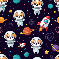 Cute cartoon astronaut dogs rockets and planets in a fun space pattern Perfect for kids designs