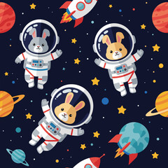 Cute astronaut bunnies explore vibrant outer space with rockets and colorful planets Fun adventure for kids