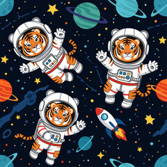 Whimsical tiger astronauts journey through vibrant outer space with planets stars and a rocket