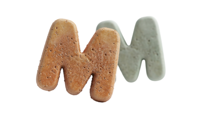 Two stacked, stylized "M"s in 3D, one light tan, the other a pale gray, appear textured like a baked good
