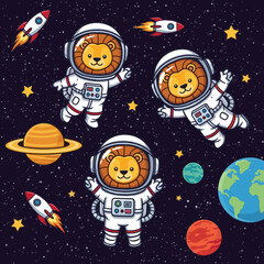 Cartoon lion astronauts exploring starry space with planets and rockets evoking adventure