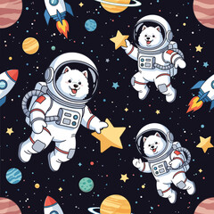 Happy dog astronauts exploring outer space with planets rockets and stars Playful adventure
