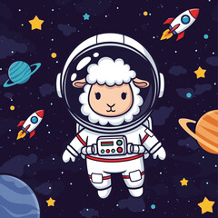 Cute astronaut sheep floats in space with rockets and planets inspiring dreams and adventure