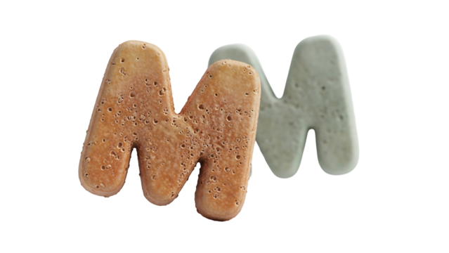 Two stacked, stylized "M"s in 3D, one light tan, the other a pale gray, appear textured like a baked good