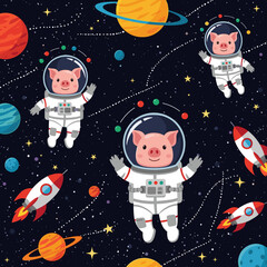 Cute pigs in astronaut suits explore colorful planets and rockets in a whimsical space pattern