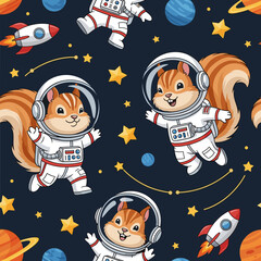 Adorable squirrel astronauts exploring space with planets stars and rockets Fun whimsical pattern