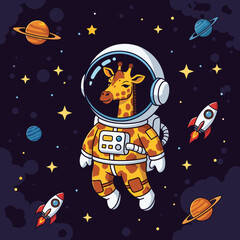 Cute giraffe astronaut explores starry space with planets and rockets Imagination adventure