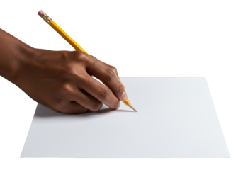 African American hand delicately holding a yellow pencil poised above transparent paper, transparent studio backdrop, 45-degree high-angle, soft even lighting. Concept of precision and readiness.