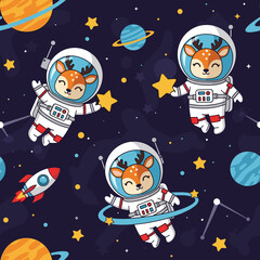 Smiling deer astronauts exploring starry outer space with planets and a rocket