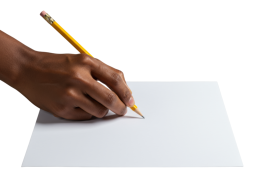 African American hand delicately holding a yellow pencil poised above transparent paper, transparent studio backdrop, 45-degree high-angle, soft even lighting. Concept of precision and readiness.