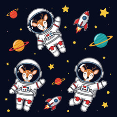 Cute deer astronauts exploring the galaxy with rockets and planets Fun adventurous kids design