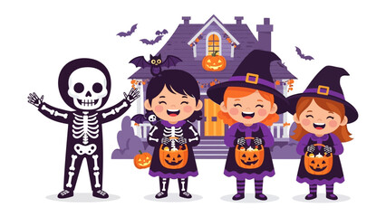 Halloween Costume: Children in costumes joyfully engage in the festive spirit, embracing the essence of Halloween. Capturing the joy of spooky season. 