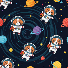 Cute astronaut dogs float in a playful space pattern with colorful planets and stars