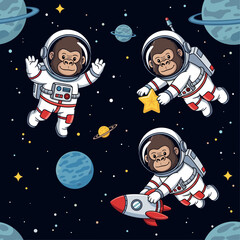 Three cute cartoon gorilla astronauts explore space with planets and stars holding a star and rocket