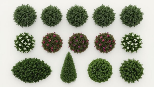 A collection of decorative landscaping plants in various shapes and flower colors, displayed on a plain background.