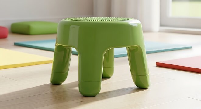 Stylish lime green three-legged stool on wooden floor with color accents