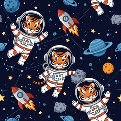Playful cartoon tiger astronauts exploring outer space with rockets and planets Ideal for childrens designs