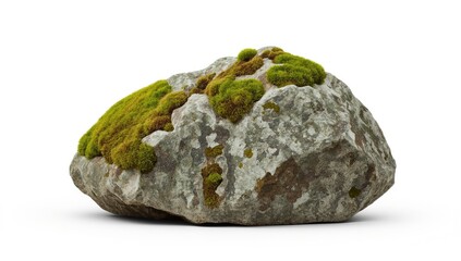 A substantial rock, speckled with various shades of gray and brown, is adorned with vibrant patches of green moss, creating a natural and serene image.