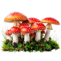 Obraz premium Tiny Red and White Mushrooms Sprouting on Green Grass, isolated on transparent background