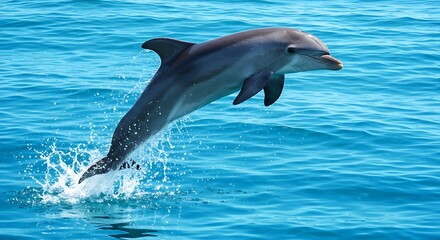 Naklejka premium Playful Dolphin Leaping from Bright Blue Ocean in Sunlit Seascape – Realistic Marine Life Scene