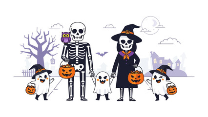 Spooky Halloween Gathering: A whimsical illustration of a Halloween scene unfolds, featuring a skeleton family, complete with an owl.