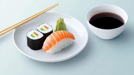 Fresh sushi platter featuring salmon nigiri, maki rolls, wasabi, and soy sauce served in minimalist setting