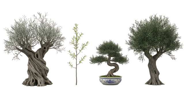 Four bonsai trees, various styles
