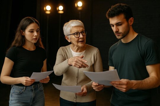 Elderly woman directing two young actors during a rehearsal, holding scripts under stage lights in a dark theater.