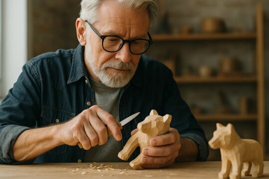 Senior craftsman carving a wooden animal figure with a knife in a workshop, wood shavings scattered on the table.