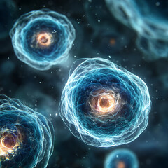 Abstract microscopic scene of multiple human cells dividing with bioluminescent cores and swirling organic textures in deep blue space