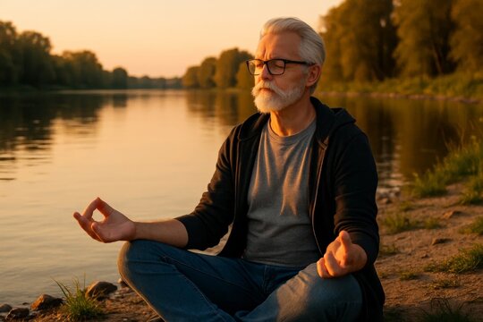Senior man meditating in lotus position by the river at sunset, practicing mindfulness and relaxation.