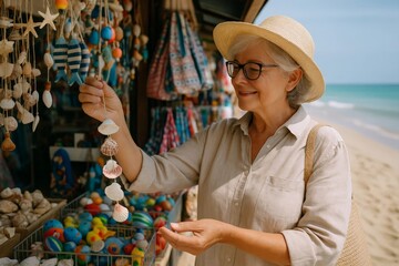 Smiling senior woman shopping at seaside market, holding seashell decoration, wearing straw hat and glasses, beach in background.